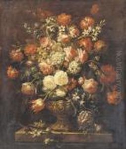 Roses, Tulips, Carnations, Forget-me-nots And Other Flowers In A Sculpted Urn On A Ledge