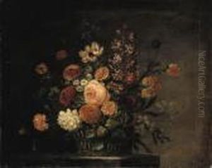 Roses, Tulips, Carnations And Other Flowers In A Basket On A Stone Ledge by Jean-Baptiste Monnoyer
