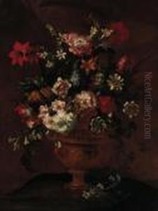 Roses, Lemon Blossom, Poppies, Narcissi And Other Flowers On Astone Ledge