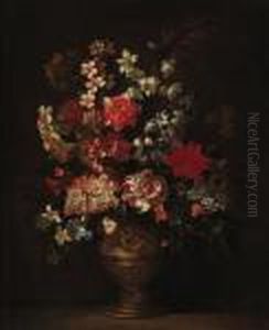 Still Life Of Roses, Carnations, Narcisi And Other Flowers In Asculpted Vase On A Ledge by Jean-Baptiste Monnoyer