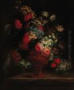 Roses, Carnations, Peonies, Morning Glory And Other Flowers In Asculpted Urn On A Ledge by Jean-Baptiste Monnoyer