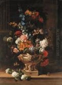 Parrot Tulips, Chrysanthemum,
Hydrangea, Honeysuckle, Borage,paeonies, Crown Imperial Fritillaries And
Other Flowers In Asculpted Urn On A Ledge, A Column Beyond; And A
Canterbury Bell,parrot Tulips, Lilac, Ivy Sprays, A Paeony And Other
Flowers I by Jean-Baptiste Monnoyer