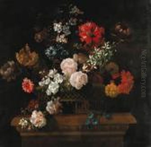 Roses, Convolvulus, Spider
Lilies, Parrot Tulips, A Paeony Andother Flowers In A Basket On A
Pedestal - view 1