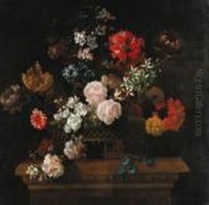 Roses, Convolvulus, Spider
Lilies, Parrot Tulips, A Paeony Andother Flowers In A Basket On A
Pedestal by Jean-Baptiste Monnoyer