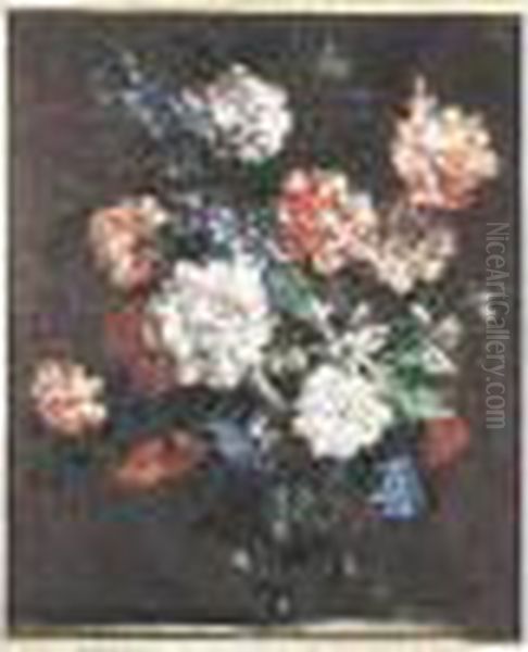 Bouquet De Fleurs Dans Un Vase En Verre Sur Un Entablement. Toile - view 1