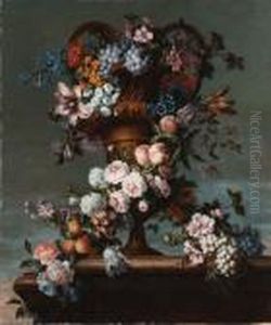 Grapes, Peaches, Plums, Roses, 
Hyacinth, Hydrangea And Otherflowers Entwined Around A Bronze Vase