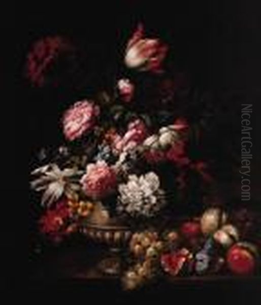 Tulips, Roses, Poppies And Other Flowers In A Vase With Fruit On Aledge - view 1