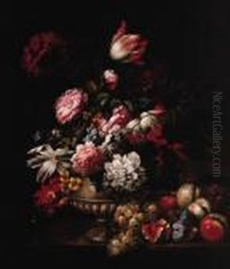 Tulips, Roses, Poppies And Other Flowers In A Vase With Fruit On Aledge by Jean-Baptiste Monnoyer