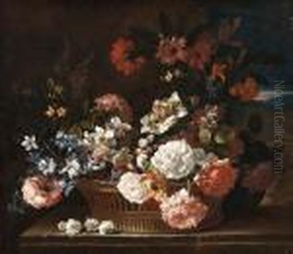 Roses, Narcissi, A Hyacinth,
Primulae, Jasmine, Carnations Andother Flowers In A Wicker Basket On A
Stone Ledge, A Landscapebeyond - view 1