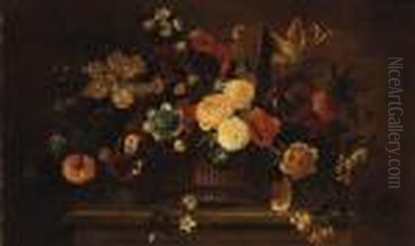 Roses, Tulips, Carnations, Morning Glory And Other Flowers In Abasket On A Ledge - view 1
