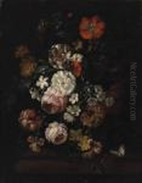 Pink And White Roses, A Poppy, Morning Glory And Other Flowers In Avase On A Ledge - view 1
