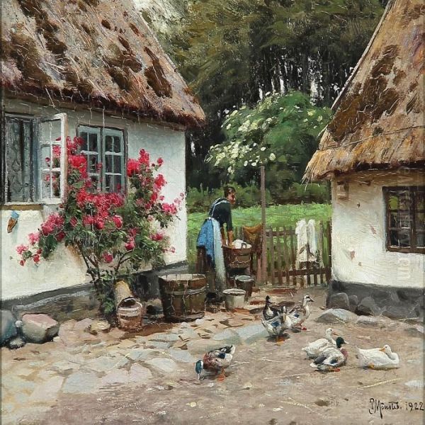 Summer Idyll By A Thatched Farmhouse With A Woman Who Washes Clothes - view 1