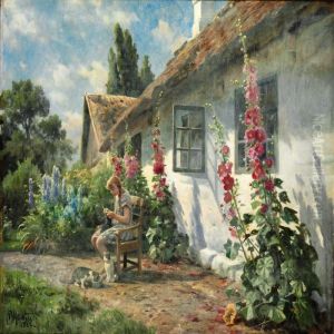 Summer Day In The Garden With A Girl Knitting