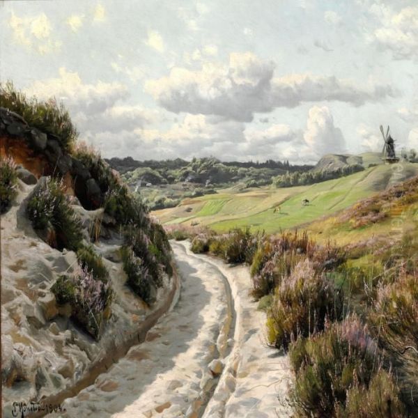 Landscape With Heather In Bloom And A Mill In The Background - view 1