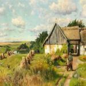 A Farmer With A Milk Can In A Wheelbarrow Outside A Thatched House