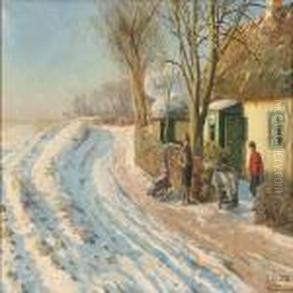 Sunny Winter Day In Harrestrup With Children On Their Way Out To Sledding, Denmark - view 1