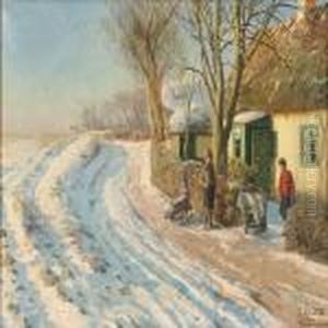 Sunny Winter Day In Harrestrup With Children On Their Way Out To Sledding, Denmark