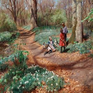 Kids Picking Anemones And Violets In A Forest With Unfolding Beeches