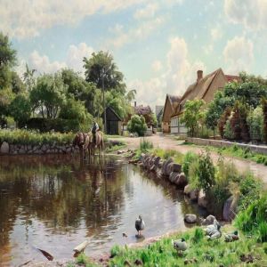 The Horses Are Being Watered In The Village Pond