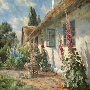 A Girl Knitting In The Sunshine Outside A White Farmhouse