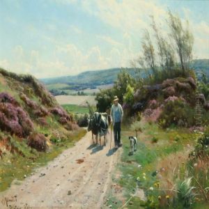 Landscape With Farmer, Dog And Cows On A Sunken Road
