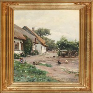 Farm Exterior With Alittle Girl Playing In The Grass