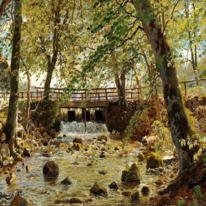 A Roaring Stream Under A Bridge In The Woods by Peder Mork Monsted