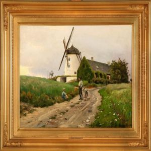 Two Children On Acountry Road At Nordskov Mill, Denmark by Peder Mork Monsted