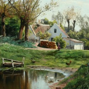 A Small Girl, A Rooster And Ducks At The Village Pond
