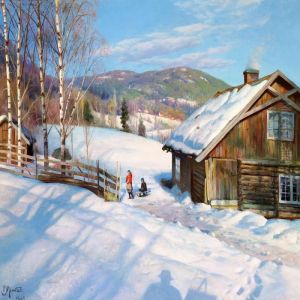 Winter Day Near Odnes, Norway, With Children Playing In The Snow