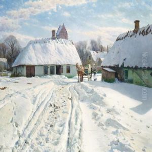 Winter Day In The Village, In The Background The Church by Peder Mork Monsted