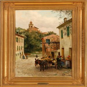 An Italian Street Scenery From Mortola by Peder Mork Monsted