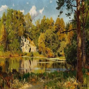 Woodland Scene With Lakeand Cliffs by Peder Mork Monsted