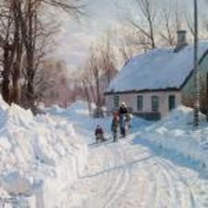 A Winter Day With Twochildren And An Old Woman With A Sledge