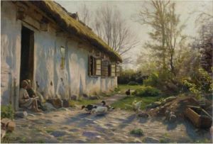 Children Feeding Ducks At Sunrise by Peder Mork Monsted
