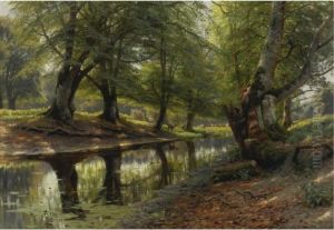 A Stream Through The Glen, Deer In The Distance by Peder Mork Monsted
