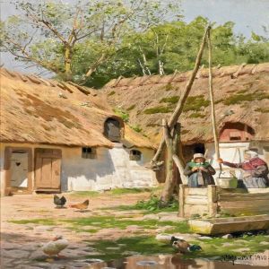 A Sunny Farm Exterior With Two Women By A Well by Peder Mork Monsted
