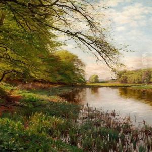 Woodland Scene With An Angler At A Stream by Peder Mork Monsted