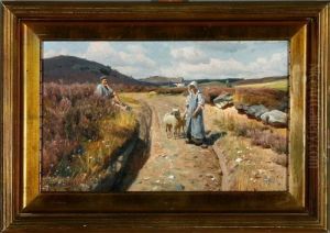 A Peasant Boy Is Flirting With A Shepherd Girl By A Village Road by Peder Mork Monsted