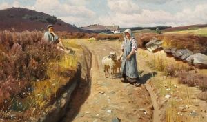 A Peasant Boy Is Watching A Girl Passing By With Sheep by Peder Mork Monsted