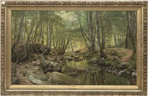 A Stream In A Tranquil Wooded Landscape by Peder Mork Monsted