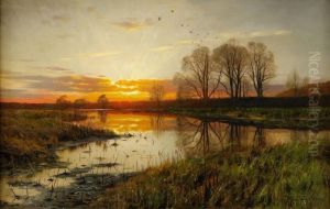 Solnedgang Over Vattendrag