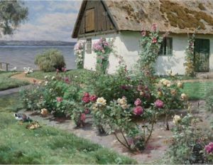 Rose Bushes And A Cottage By The Water, Sorup by Peder Mork Monsted