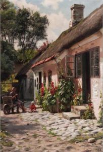 Figures Outside A Cottage, Saeby by Peder Mork Monsted