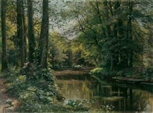 Bewaldete Landschaft Mit Einem
Flusslauf Und Beladenem Boot. Signiert Und Datiert Unten Links: P.
Monsted 1912. Ol Auf Leinwand (doubliert). H 36,8; B 50 Cm. by Peder Mork Monsted
