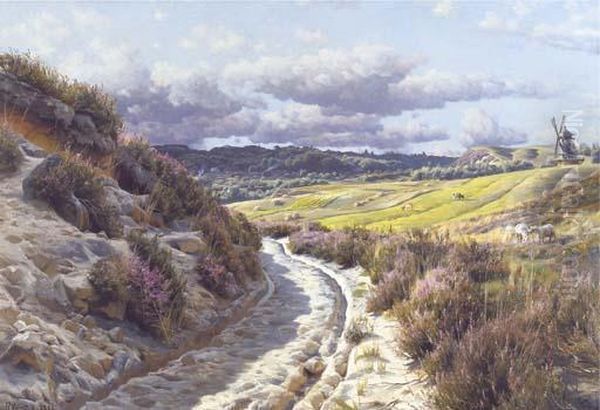 A Country Road In An Extensive Landscape With A Windmill Beyond - view 1