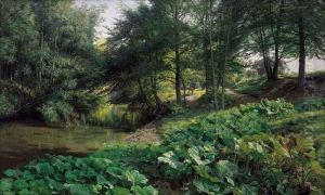 A Wooded River Landscape With Deer Beyond by Peder Mork Monsted