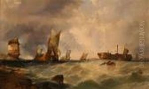 Coastal View With Sailing Vessels And Barges Near A Tower