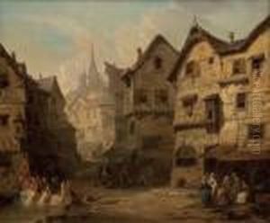 "wascherinnen Und Plaudernde 
Frauenin Einer Verwinkelten Alten Stadt" Unten Rechts Signiert: 
Alfredmontaque