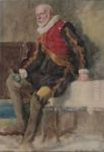Full-length Study Of A Man In Elizabethan Costume, Holding An Empty Glass